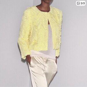 Zara Pale Yellow Textured Cropped Blazer